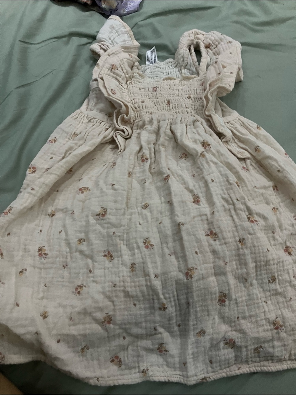 Cream Floral Ruffle-Shoulder Kids Dress